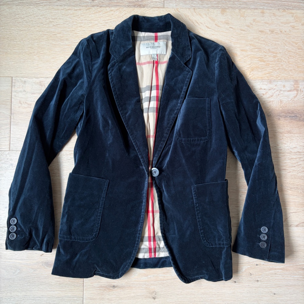 Burberry London Velvet Blazer Jacket Navy Nova Check Lined Women’s US 8*K15